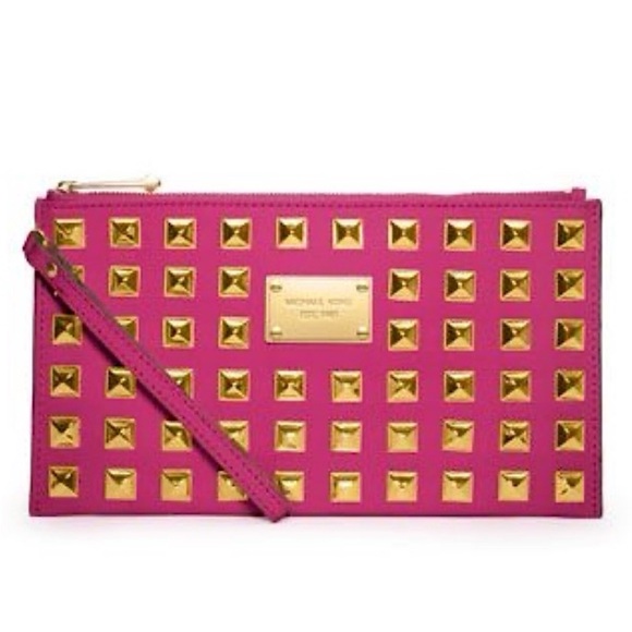 MICHAEL Michael Kors Hot Pink Zinnia Pyramid Studded Large Zip Clutch Wristlet